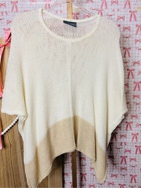 Wooden Ships Cream Beige Colorblock Open-Knit Poncho Coastal Sweater XS Small
